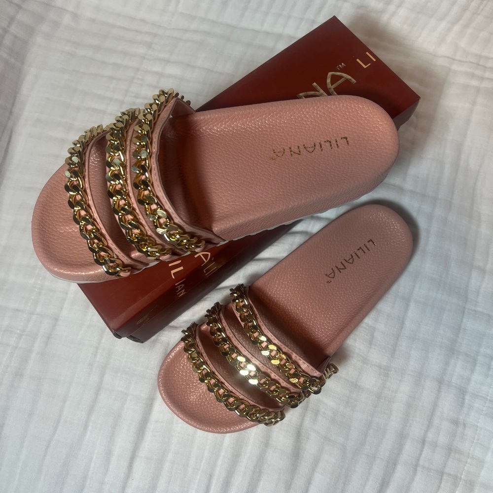 Liliana Pink Sandals with Gold Chain Accents - Picture 2 of 5